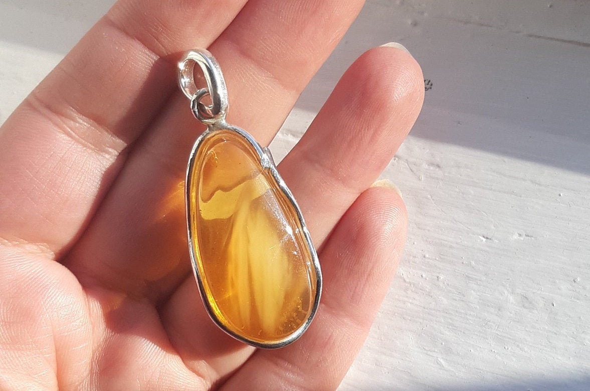 Baltic Amber Pendant Honey Natural Untreated Unisex Cloudy 2.12″ 8.3 gram 925 silver