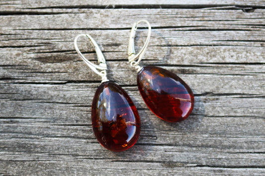 Baltic Amber Earrings Drops Cognac Shaped Natural Jewelry 1.75" 5.6 925 silver