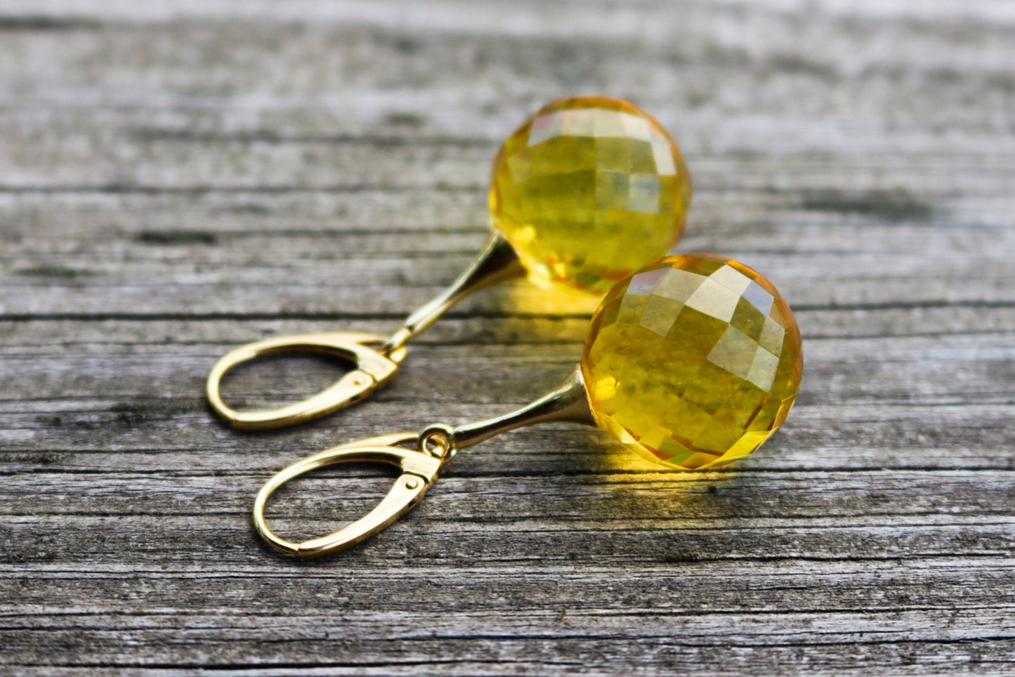 Baltic Amber Earrings Faceted Lemon Yellow Ball Gold Plated Dangling Jewelry 1.9" 8.7 gram