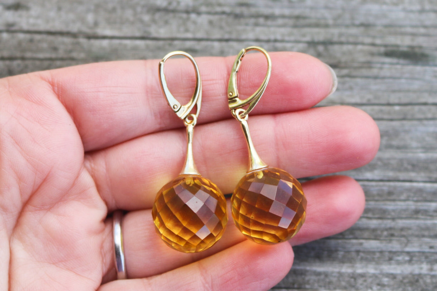Baltic Amber Earrings Faceted Lemon Yellow Ball Gold Plated Dangling Jewelry 1.9" 8.7 gram