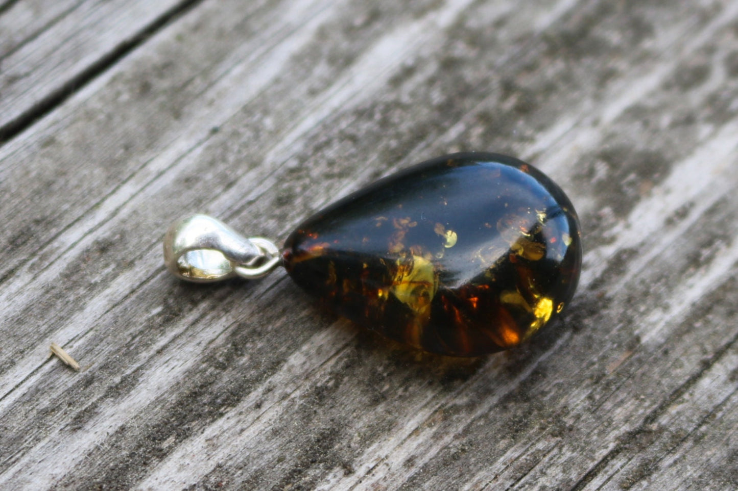 Baltic Amber Pendant Green Drop Sparkling Unisex Jewelry 1.48" 3.1 gram 925 Silver