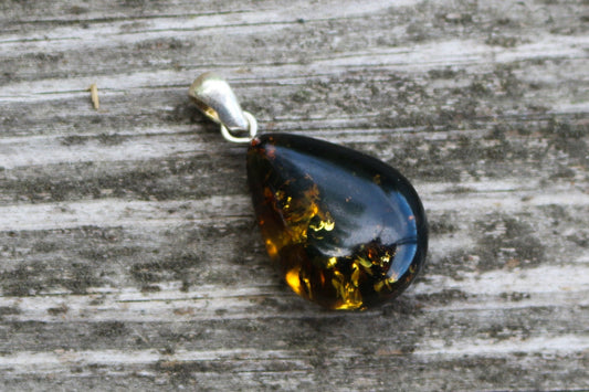 Baltic Amber Pendant Green Drop Sparkling Unisex Jewelry 1.48" 3.1 gram 925 Silver