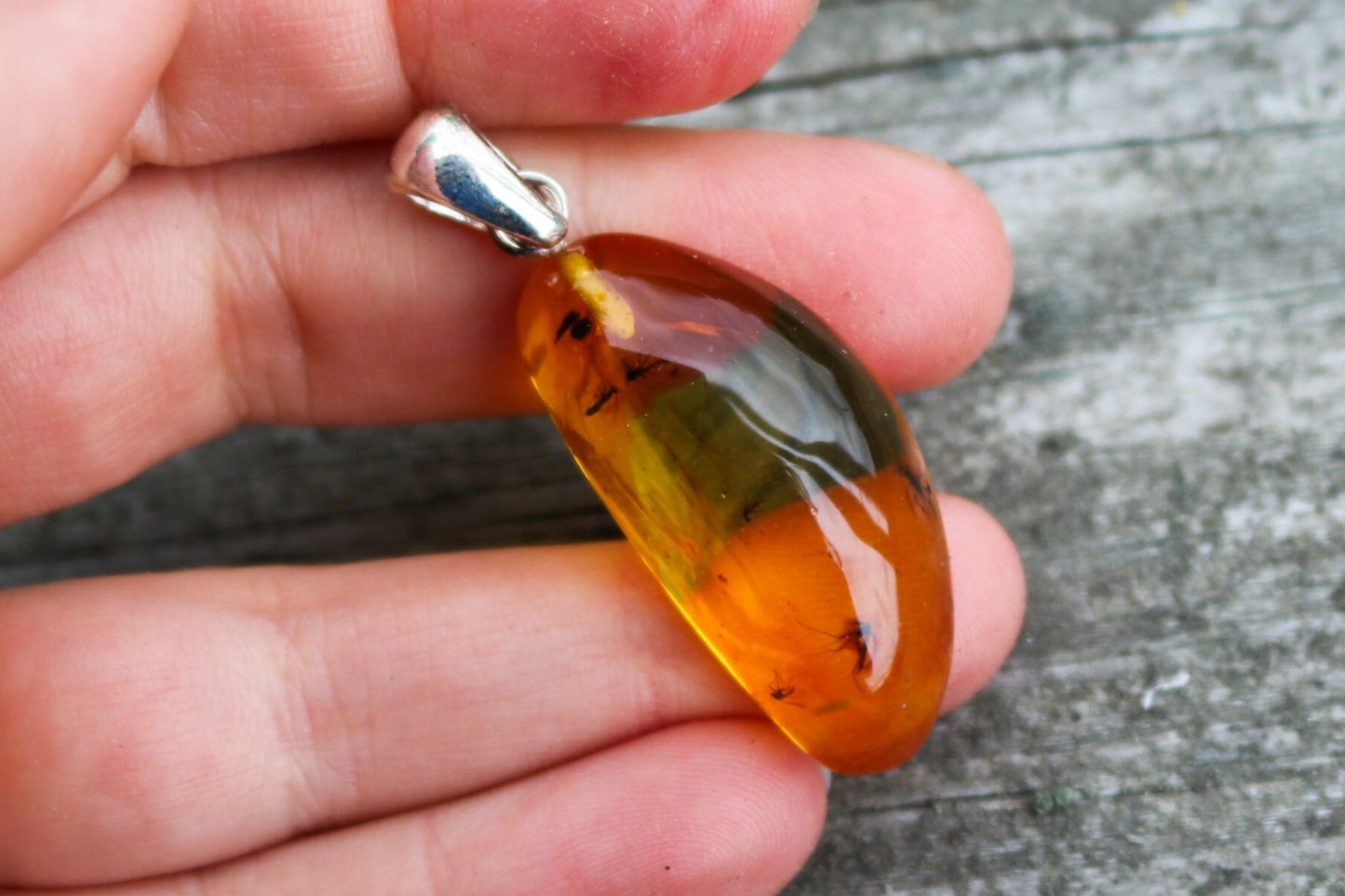 Baltic Amber Pendant Fossil Insects Honey Natural Untreated 1.87" 5 gram 925 Silver