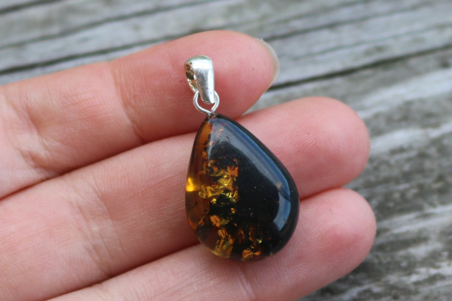 Baltic Amber Pendant Green Drop Sparkling Unisex Jewelry 1.48" 3.1 gram 925 Silver