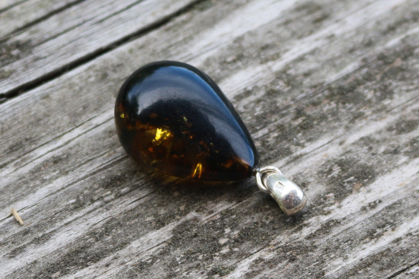 Baltic Amber Pendant Green Drop Sparkling Unisex Jewelry 1.48" 3.1 gram 925 Silver
