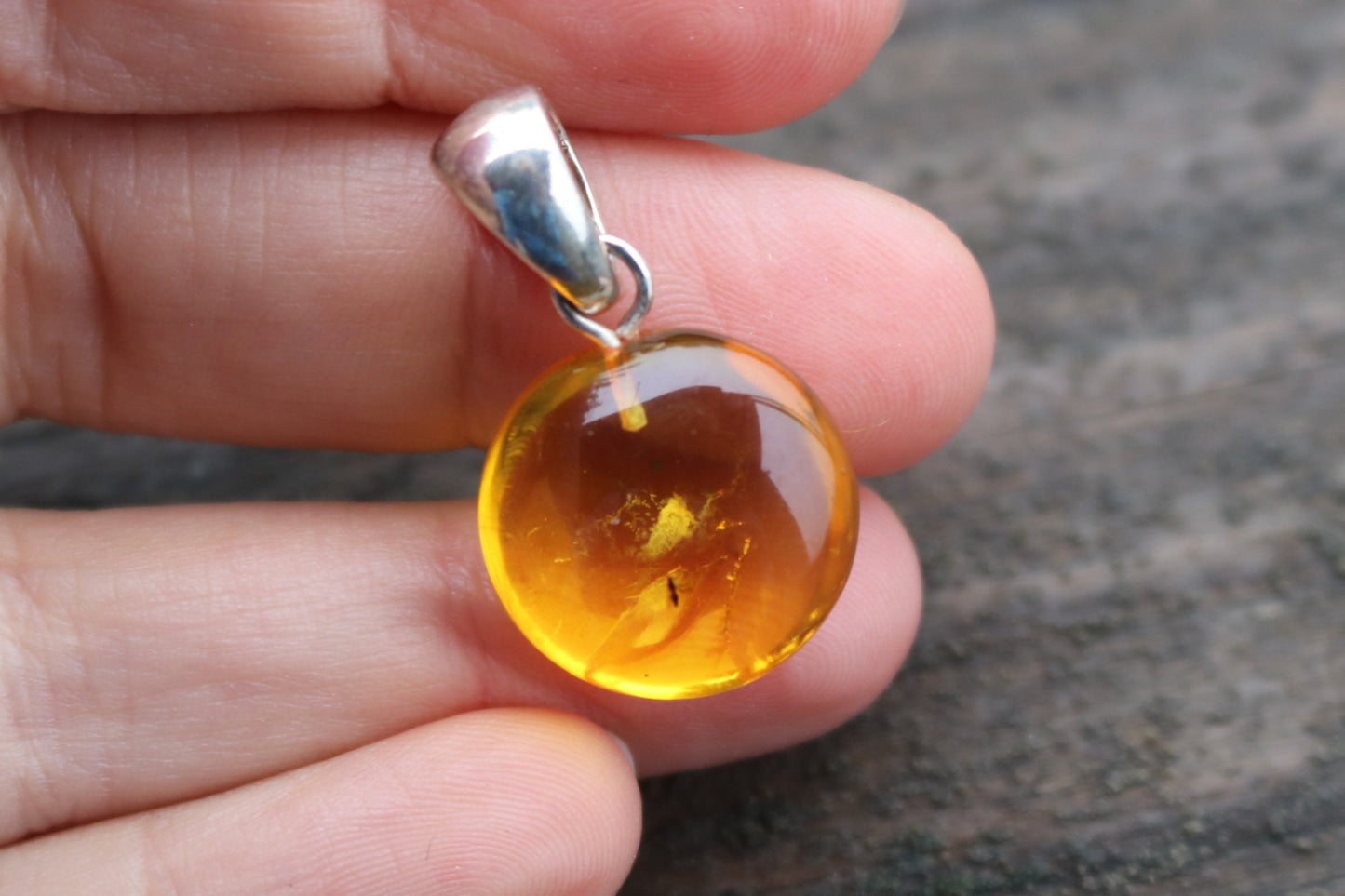 Baltic Amber Pendant Fossil Insect Round Natural Honey Unisex Jewelry 1.16" 2.8 gram 925 silver