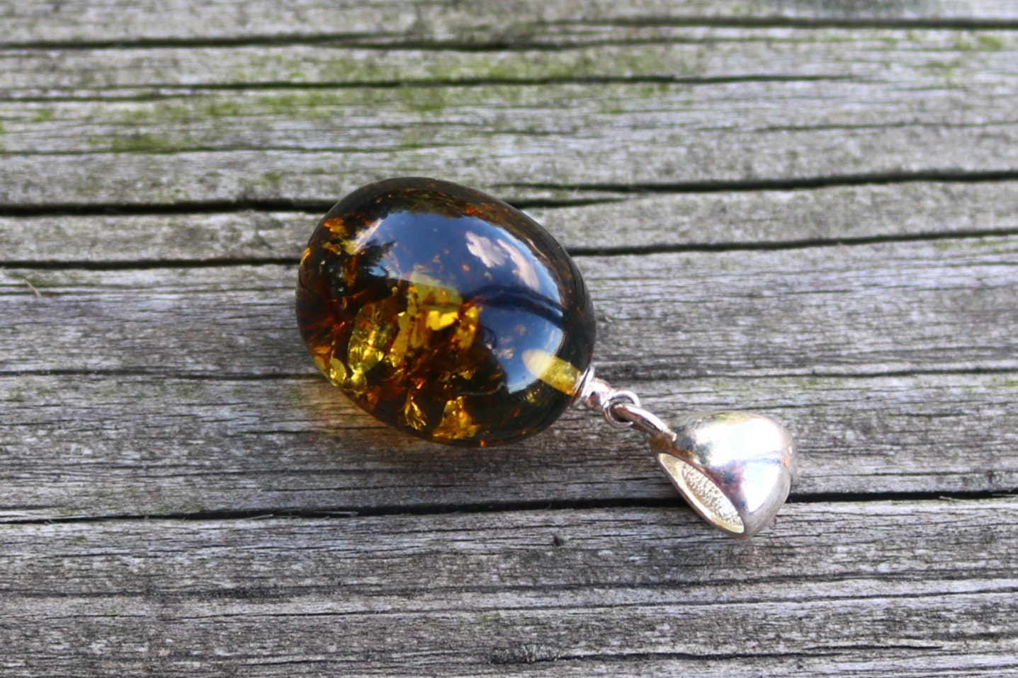 Baltic Amber Egg Pendant Green Natural Unisex Jewelry 1.31" 3.4 gram 925 silver