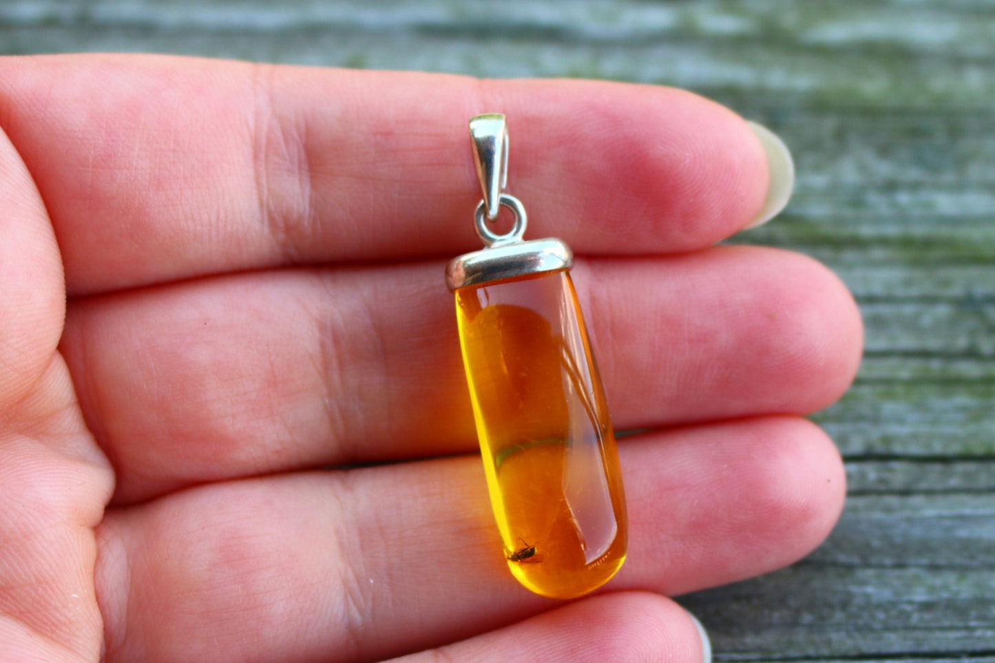 Baltic Amber Pendant Fossil Insect Natural Untreated Honey Unisex 1.61" 3.2 gram 925 Silver