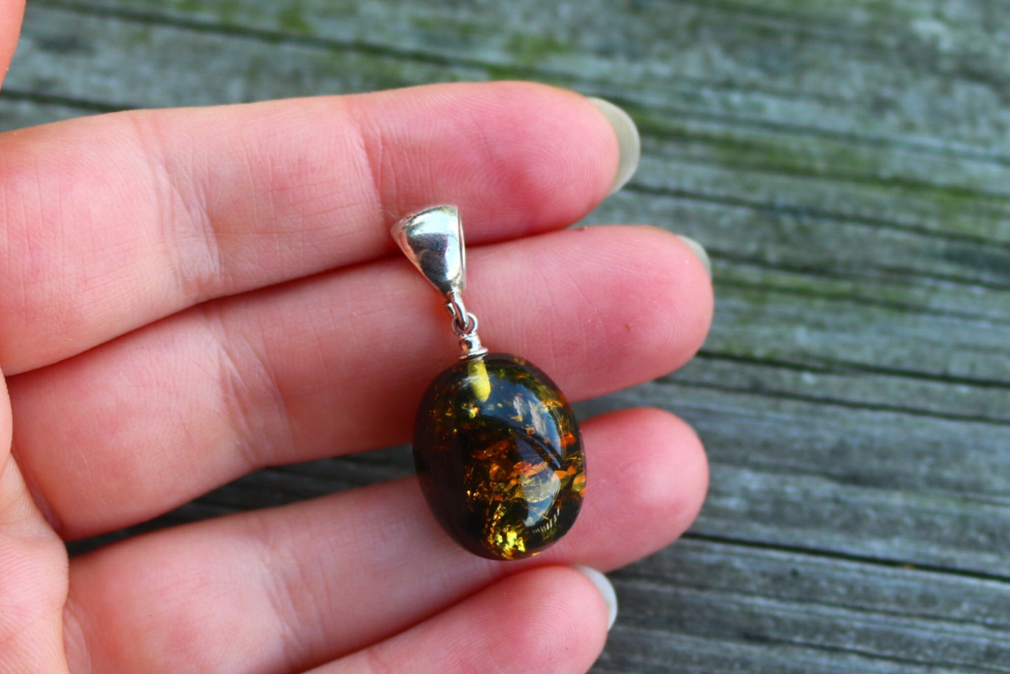 Baltic Amber Egg Pendant Green Natural Unisex Jewelry 1.31" 3.4 gram 925 silver