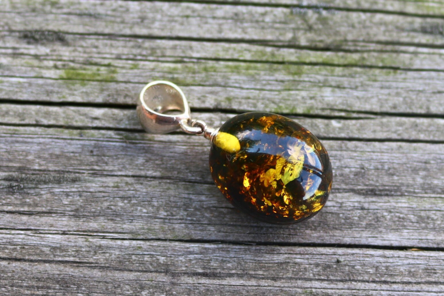Baltic Amber Egg Pendant Green Natural Unisex Jewelry 1.31" 3.4 gram 925 silver