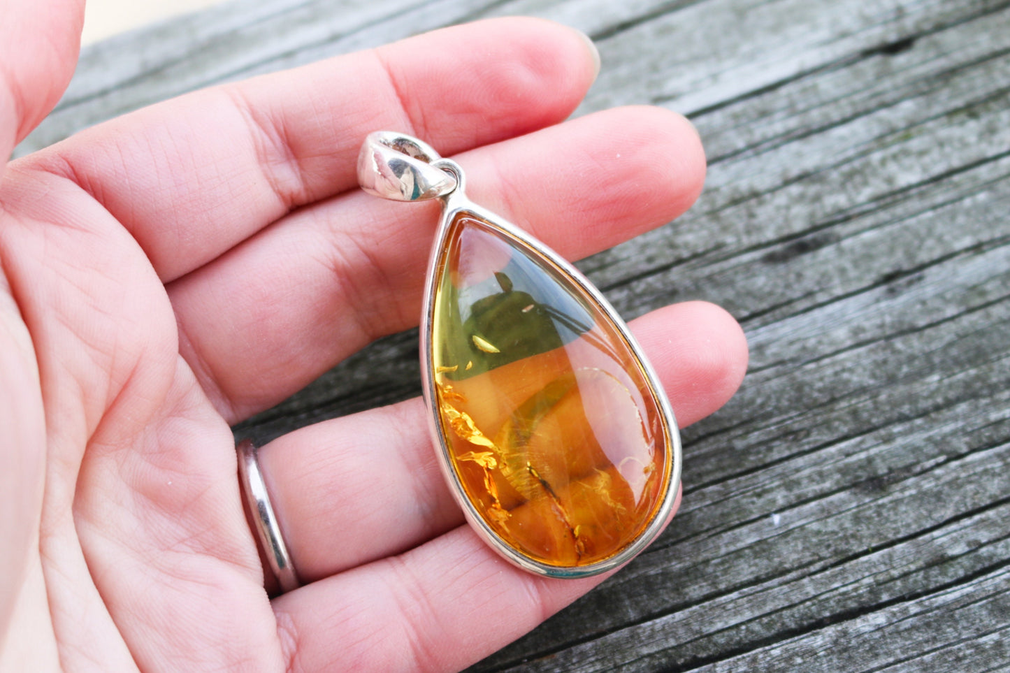 Baltic Amber Pendant Yellow Transparent Drop Raw Natural Unisex Jewelry 2.7" 14.7 gram 925 Silver