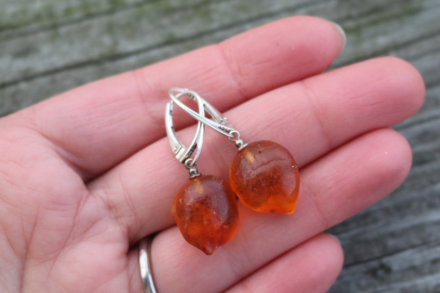 Baltic Amber Earrings Nodule Drops Untreated Natural Jewelry 1.4" 3.5 gram 925 Silver