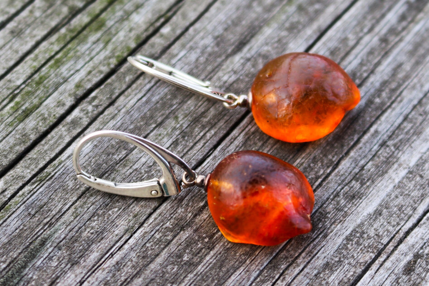 Baltic Amber Earrings Nodule Drops Untreated Natural Jewelry 1.4" 3.5 gram 925 Silver