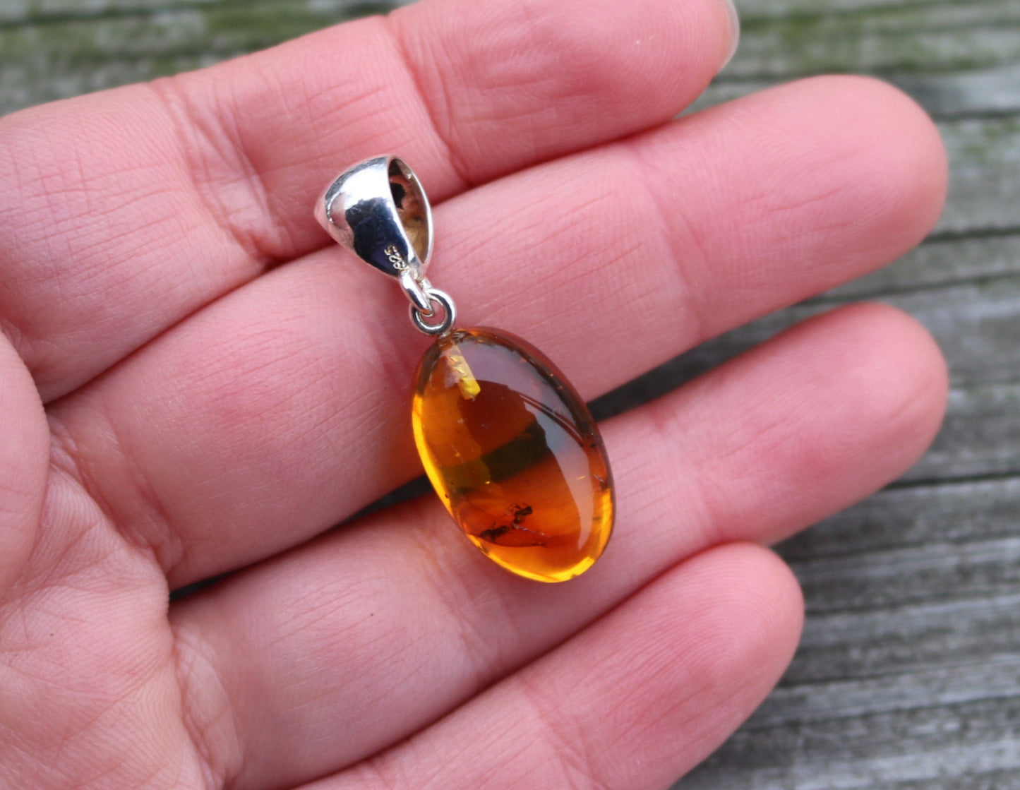 Baltic Amber Pendant With Fossil Insect Oval Honey Natural 1.62" 2.6 gram 925 Silver