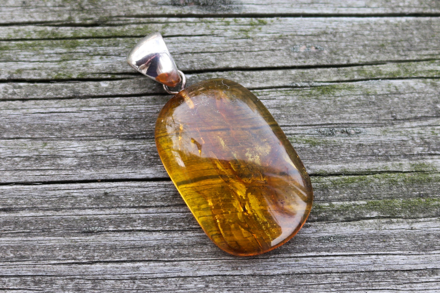 Baltic Amber Pendant with Fossil Insect Natural Untreated Honey 1.93" 7.2 gram 925 Silver
