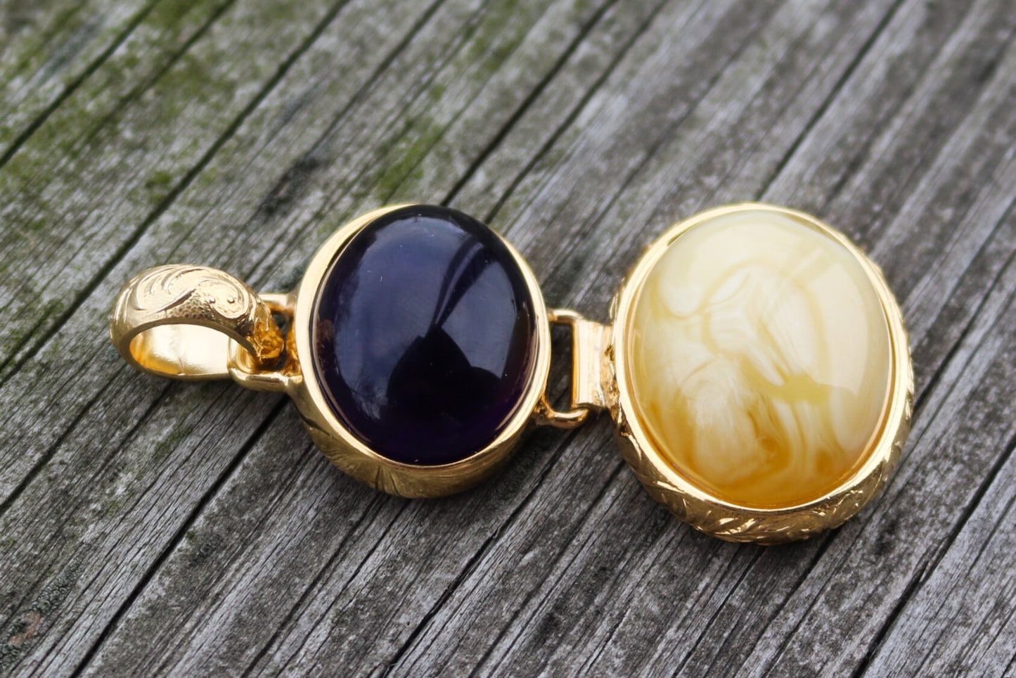 Baltic Amber Lapis Pendant Butterscotch Purple Gold Plated 2.5" 24.8 gram 925 Silver