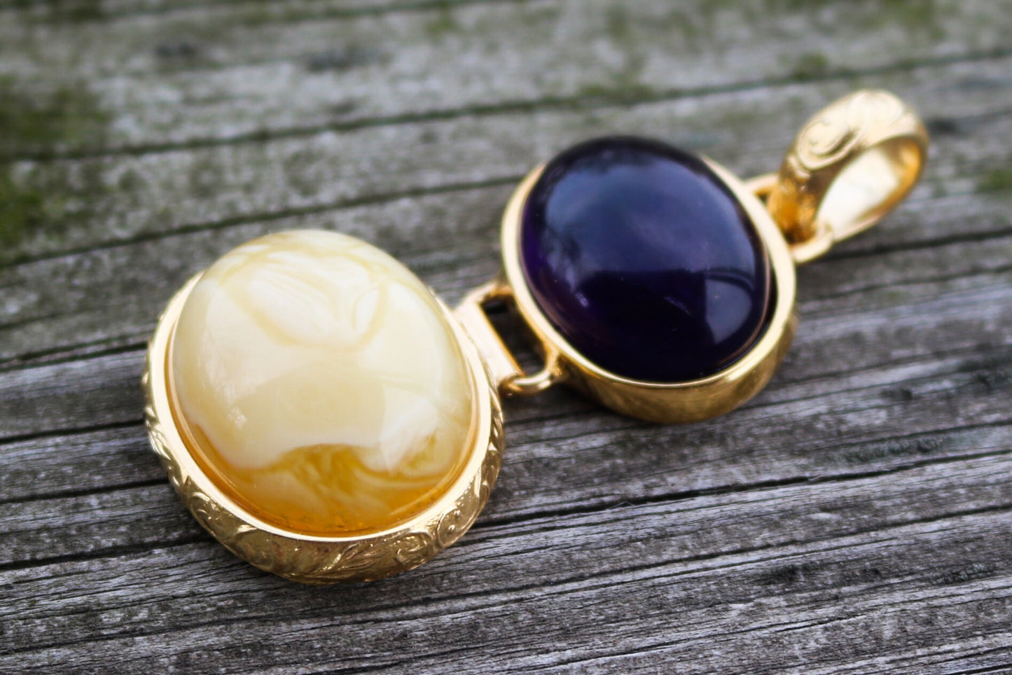 Baltic Amber Lapis Pendant Butterscotch Purple Gold Plated 2.5" 24.8 gram 925 Silver