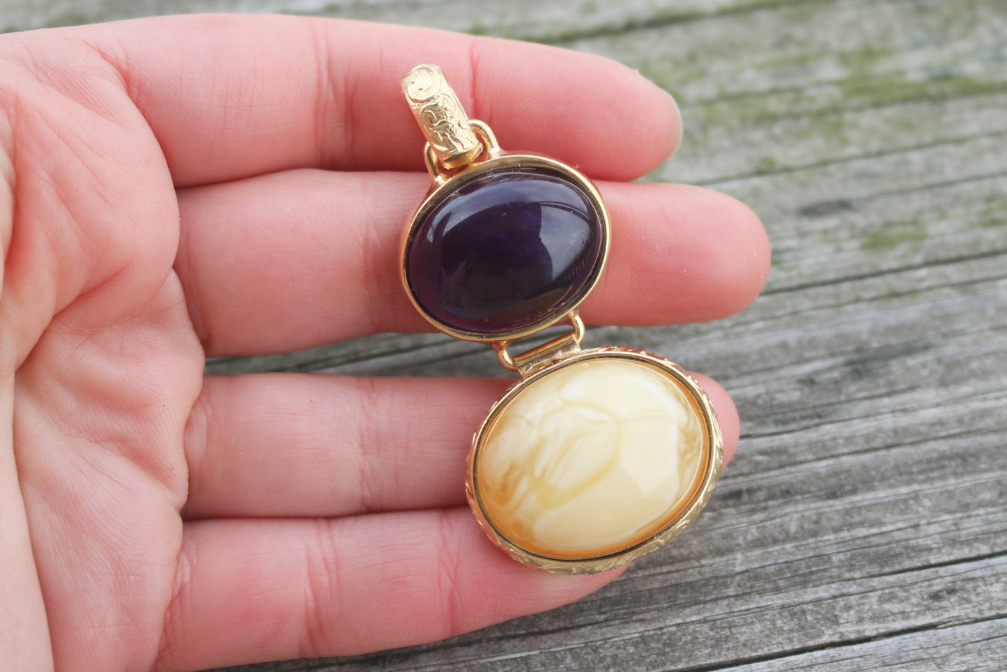 Baltic Amber Lapis Pendant Butterscotch Purple Gold Plated 2.5" 24.8 gram 925 Silver