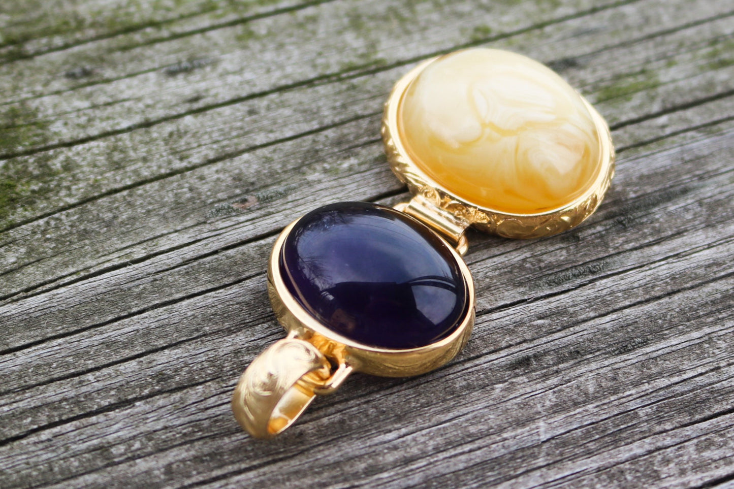 Baltic Amber Lapis Pendant Butterscotch Purple Gold Plated 2.5" 24.8 gram 925 Silver