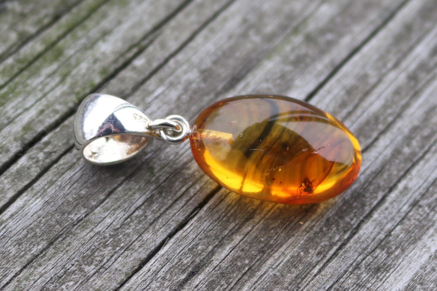 Baltic Amber Pendant With Fossil Insect Oval Honey Natural 1.62" 2.6 gram 925 Silver