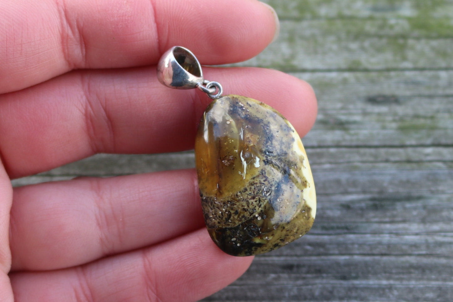 Baltic Amber Pendant Gray Butterscotch Natural Untreated Unisex 1.8" 5.8 gram 925 Silver