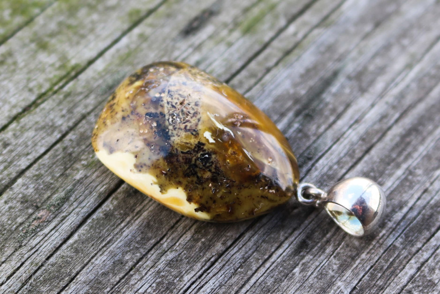 Baltic Amber Pendant Gray Butterscotch Natural Untreated Unisex 1.8" 5.8 gram 925 Silver