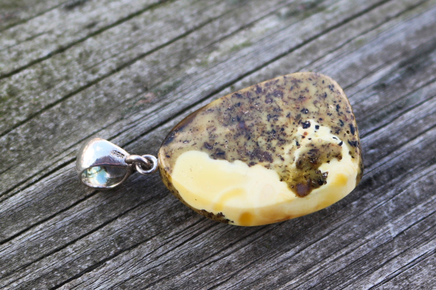 Baltic Amber Pendant Gray Butterscotch Natural Untreated Unisex 1.8" 5.8 gram 925 Silver