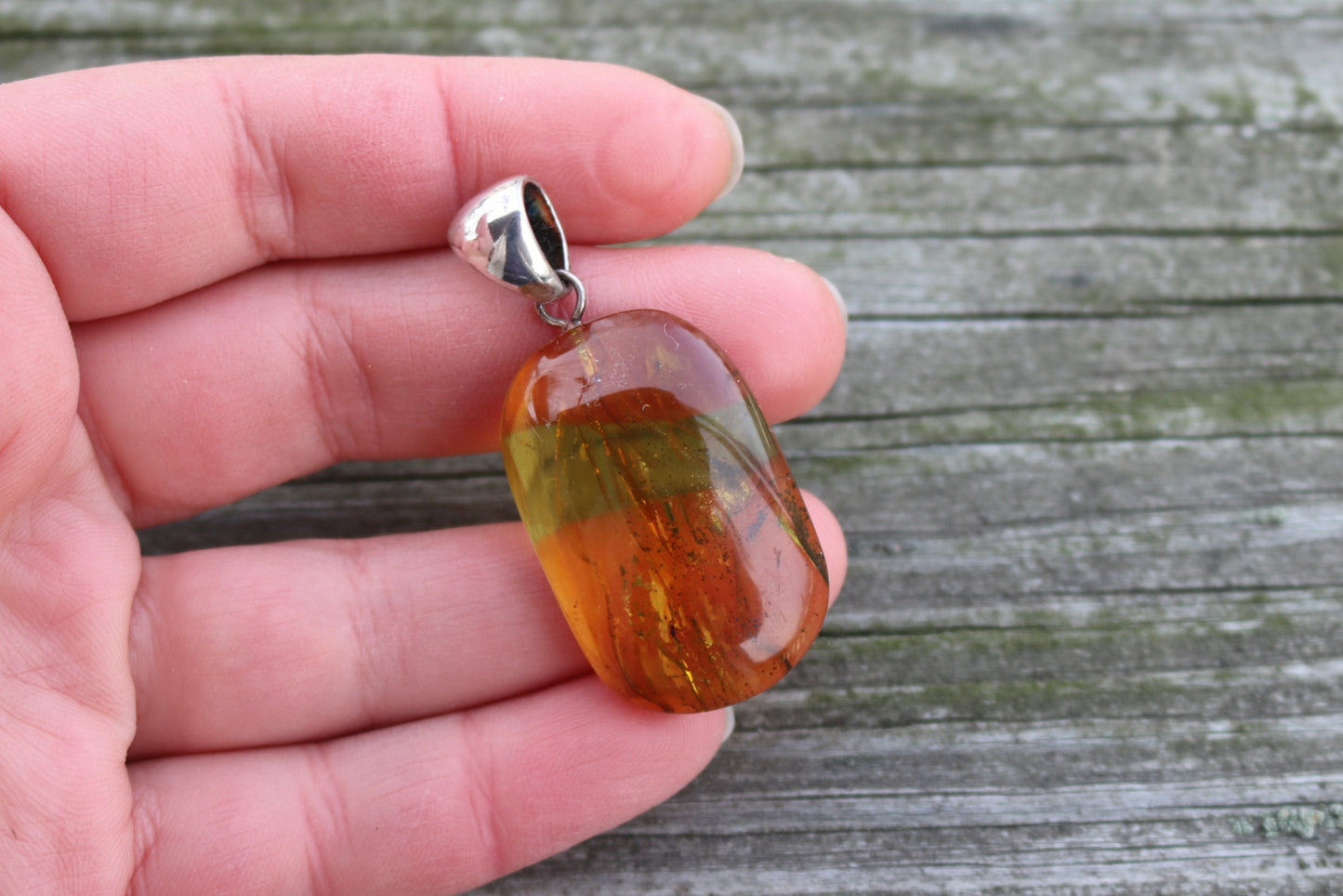Baltic Amber Pendant with Fossil Insect Natural Untreated Honey 1.93" 7.2 gram 925 Silver