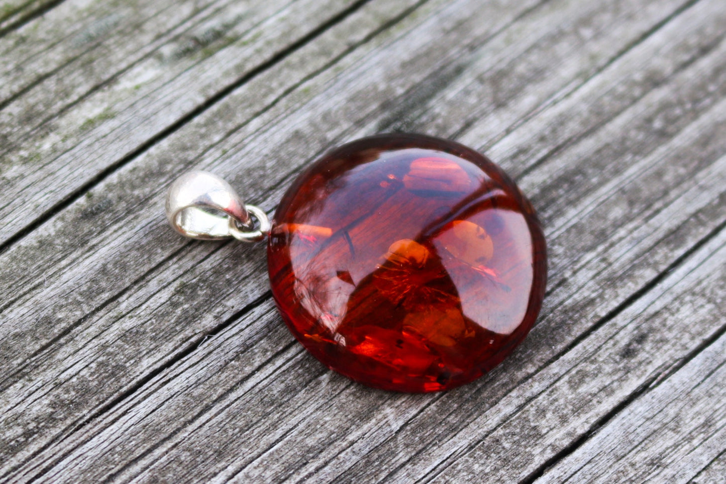 Baltic Amber Pendant Cognac Round Sparkling Unisex 1.44" 12.1 gram 925 Silver