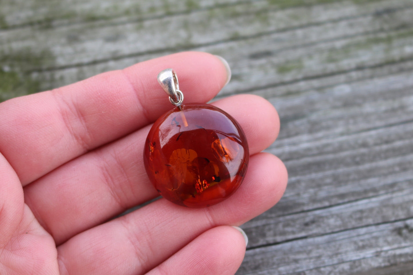 Baltic Amber Pendant Cognac Round Sparkling Unisex 1.44" 12.1 gram 925 Silver