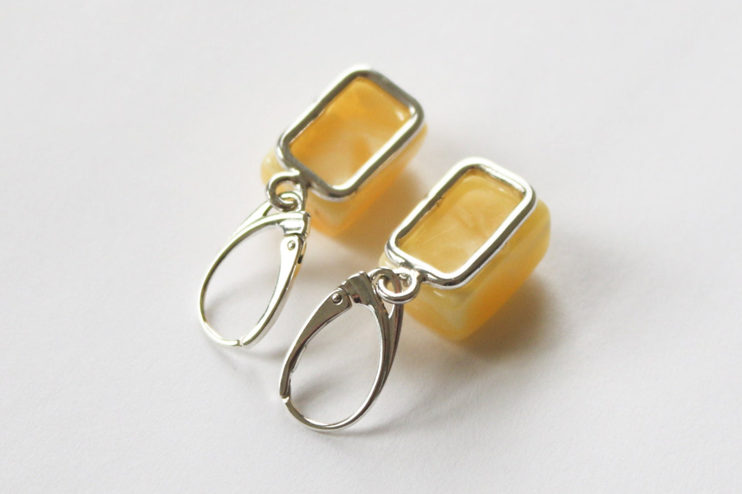 Baltic Amber Earrings Butterscotch Milky Rectangle Jewelry 1.41" 6.3 gram 925 Silver