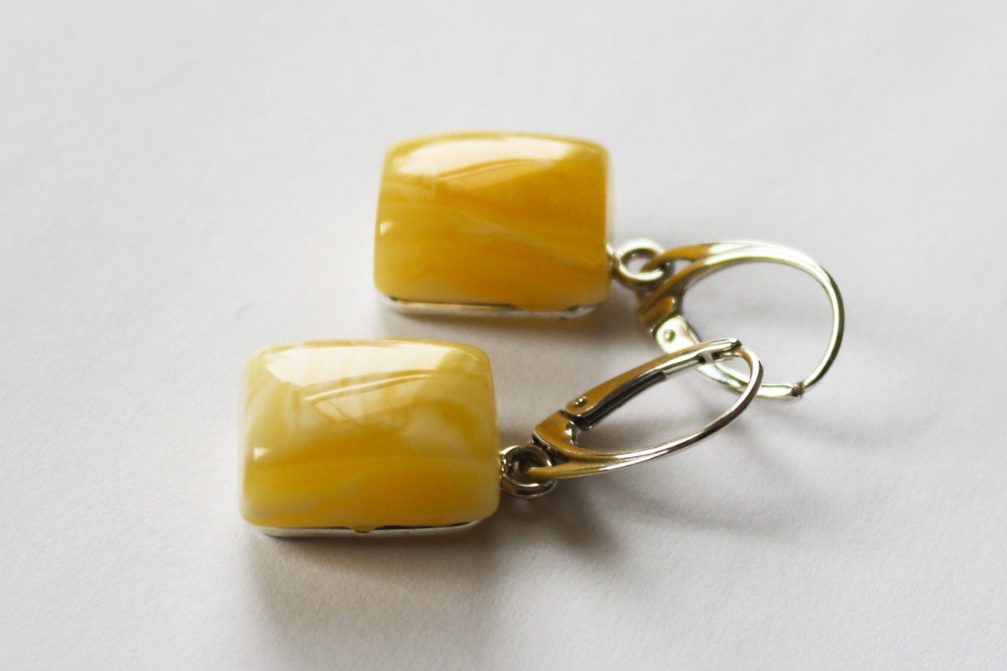 Baltic Amber Earrings Butterscotch Milky Rectangle Jewelry 1.41" 6.3 gram 925 Silver