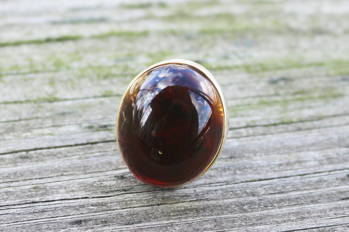 Baltic Amber Cherry Ring Large Adjustable Round Natural Untreated 925 Silver 18.4 gram