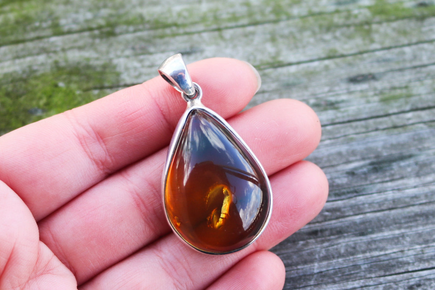 Baltic Amber Honey Pendant Drop Natural Unisex Jewelry 1.84" 13.2 gram 925 Silver