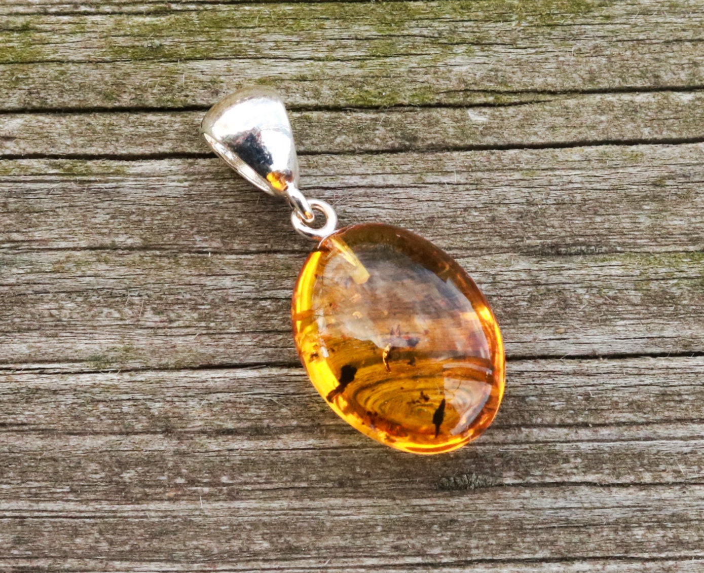 Baltic Amber Pendant Fossil Insect Natural Untreated Honey Oval 1.3" 2.5 gram 925 Silver