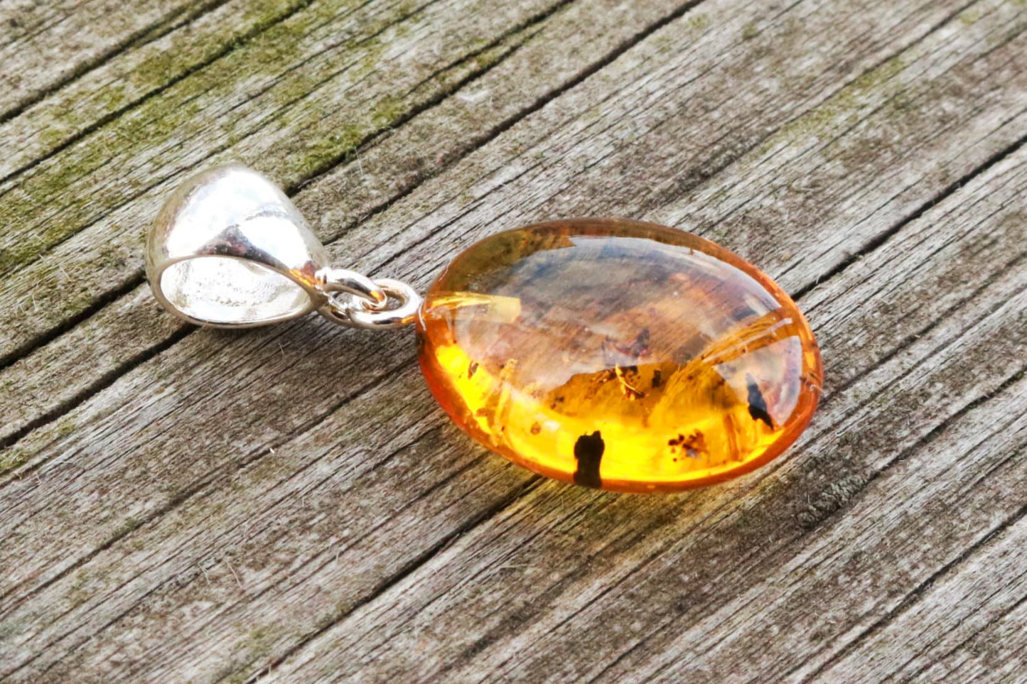 Baltic Amber Pendant Fossil Insect Natural Untreated Honey Oval 1.3" 2.5 gram 925 Silver