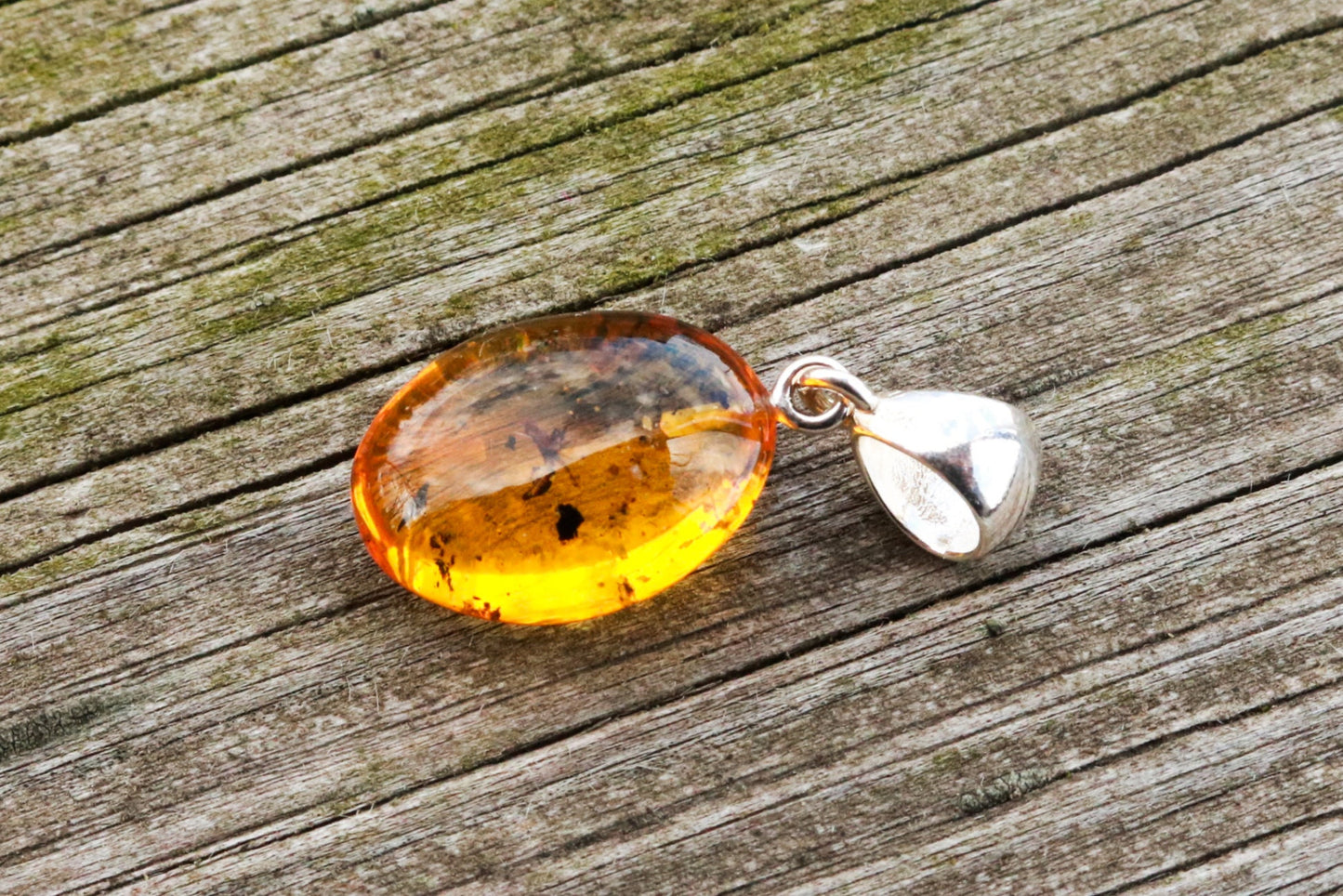 Baltic Amber Pendant Fossil Insect Natural Untreated Honey Oval 1.3" 2.5 gram 925 Silver