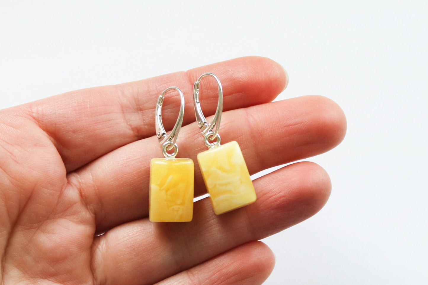 Baltic Amber Earrings Butterscotch Milky Rectangle Jewelry 1.41" 6.3 gram 925 Silver