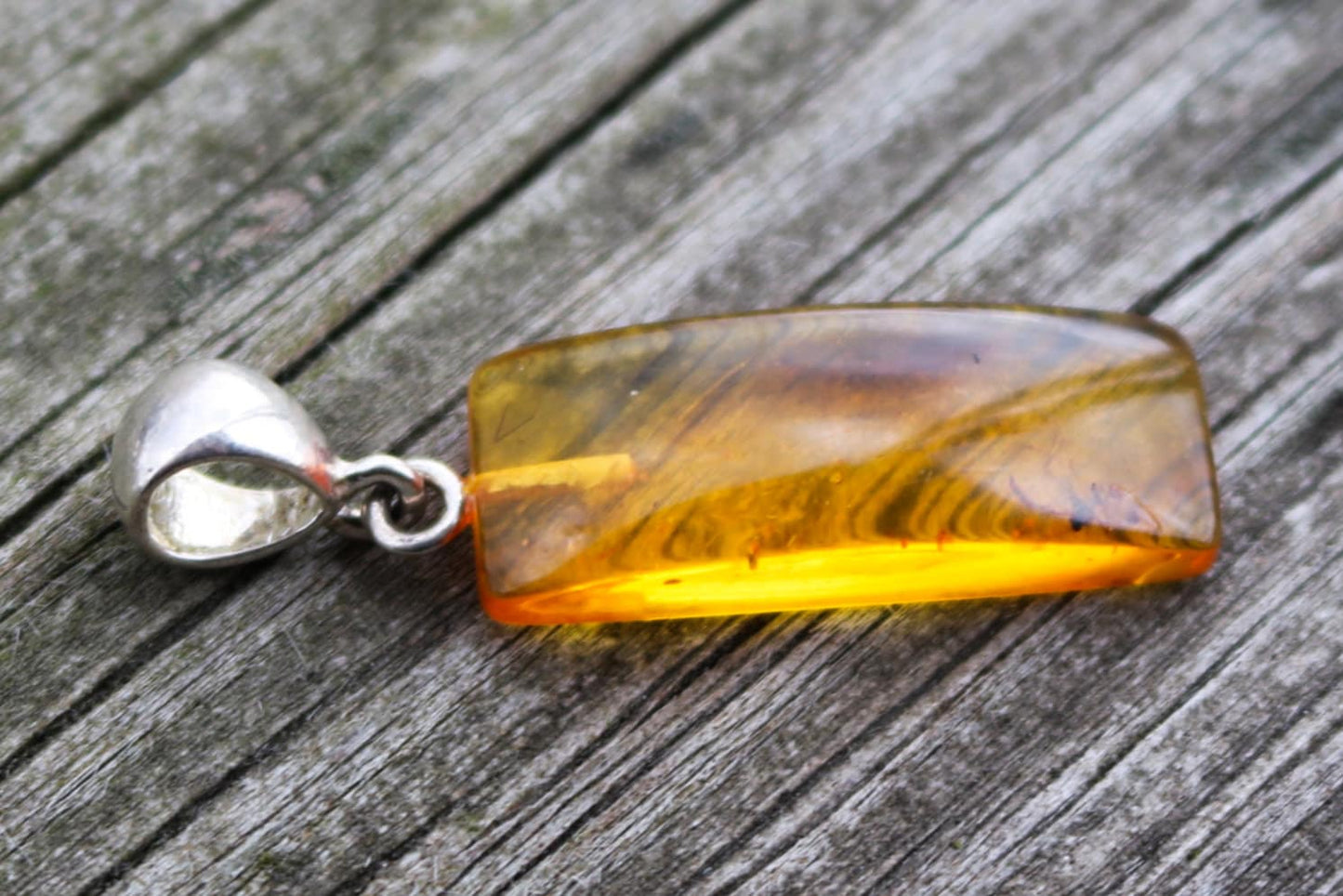 Baltic Amber Pendant Fossil Insect Rectangle Natural Honey Unisex Jewelry 1.5" 2 gram 925 silver