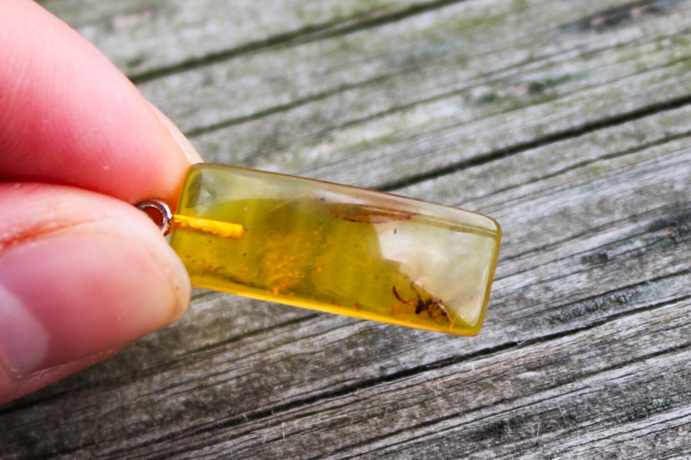 Baltic Amber Pendant Fossil Insect Rectangle Natural Honey Unisex Jewelry 1.5" 2 gram 925 silver