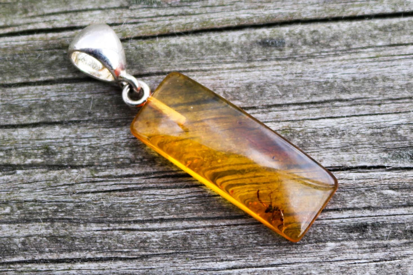 Baltic Amber Pendant Fossil Insect Rectangle Natural Honey Unisex Jewelry 1.5" 2 gram 925 silver