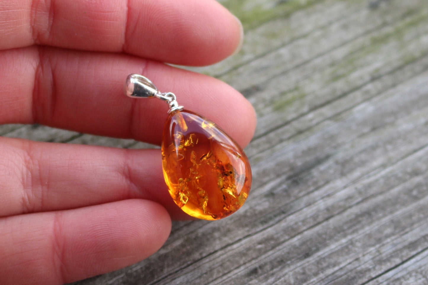 Baltic Amber Pendant Drop Honey Sparkling Unisex 1.35″ 2.6 gram 925 Silver