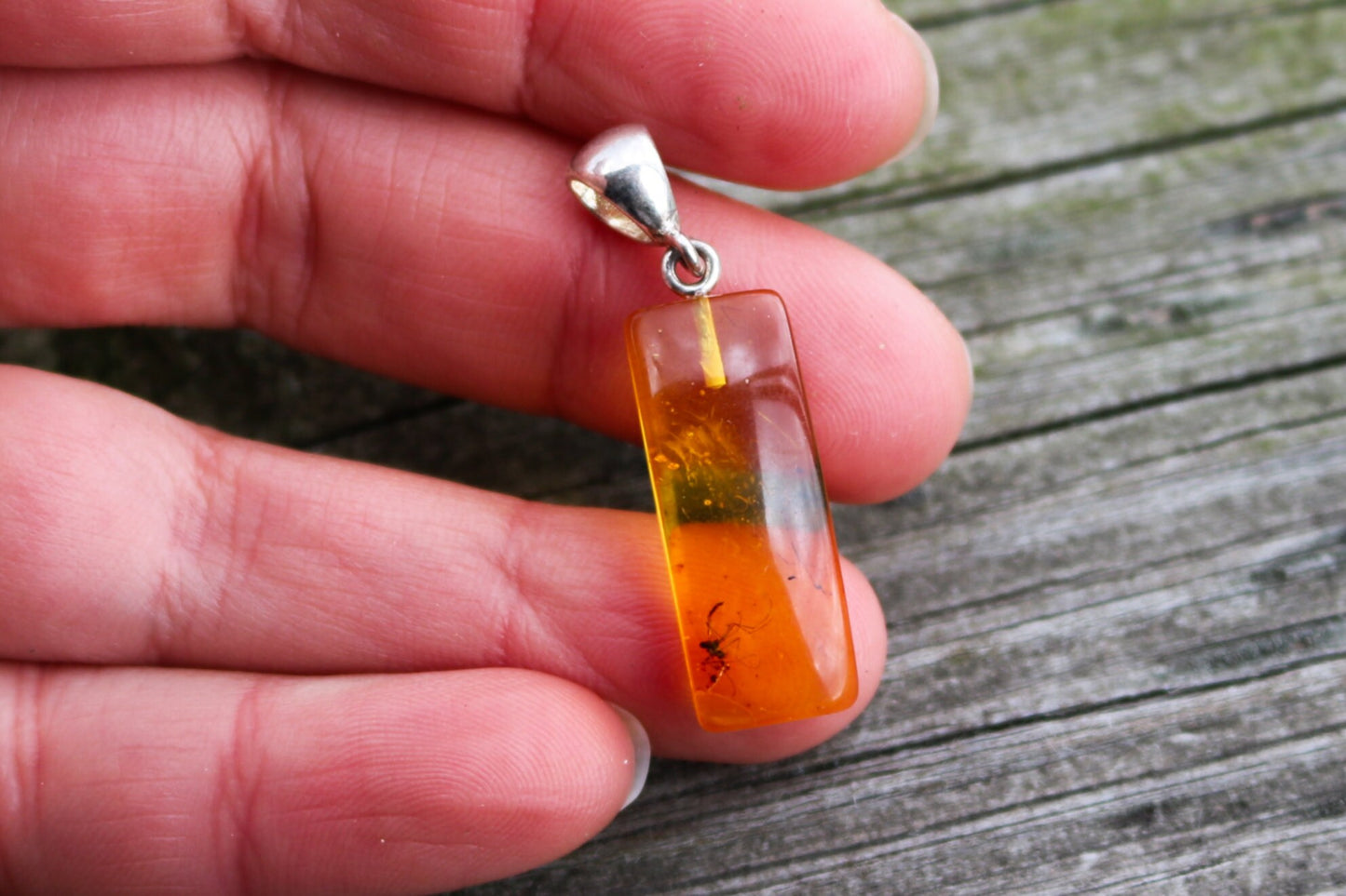 Baltic Amber Pendant Fossil Insect Rectangle Natural Honey Unisex Jewelry 1.5" 2 gram 925 silver