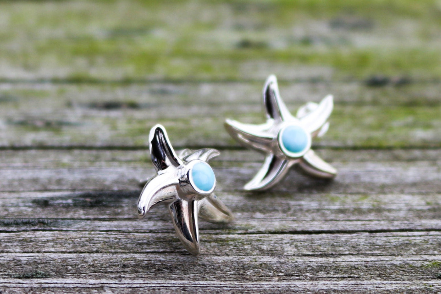 Larimar Earrings Star Fish Stud Ocean Summer Jewelry 0.66" 925 Silver