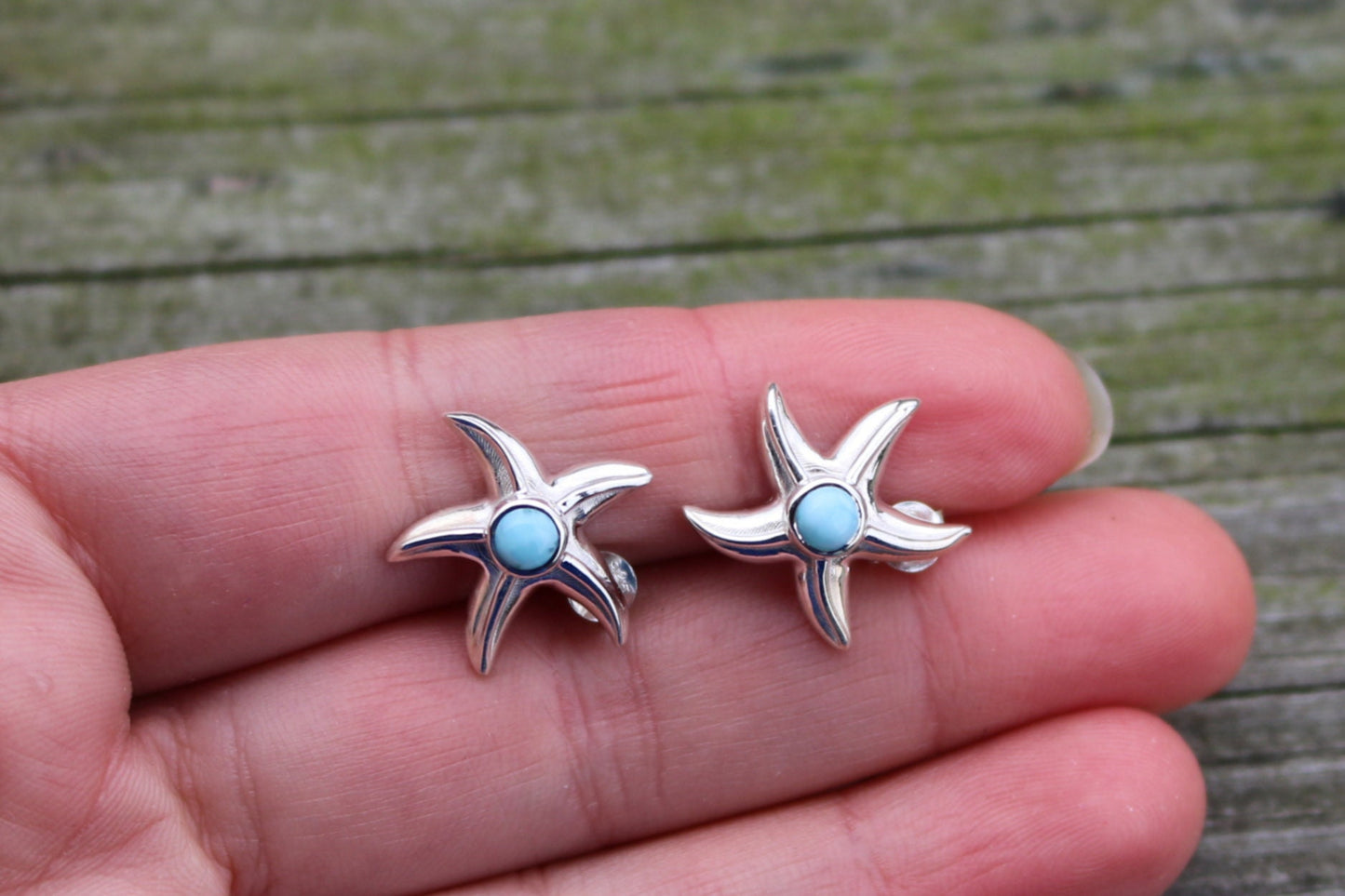 Larimar Earrings Star Fish Stud Ocean Summer Jewelry 0.66" 925 Silver