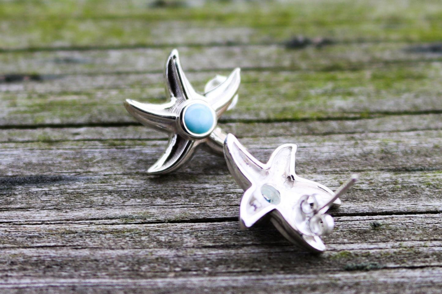 Larimar Earrings Star Fish Stud Ocean Summer Jewelry 0.66" 925 Silver