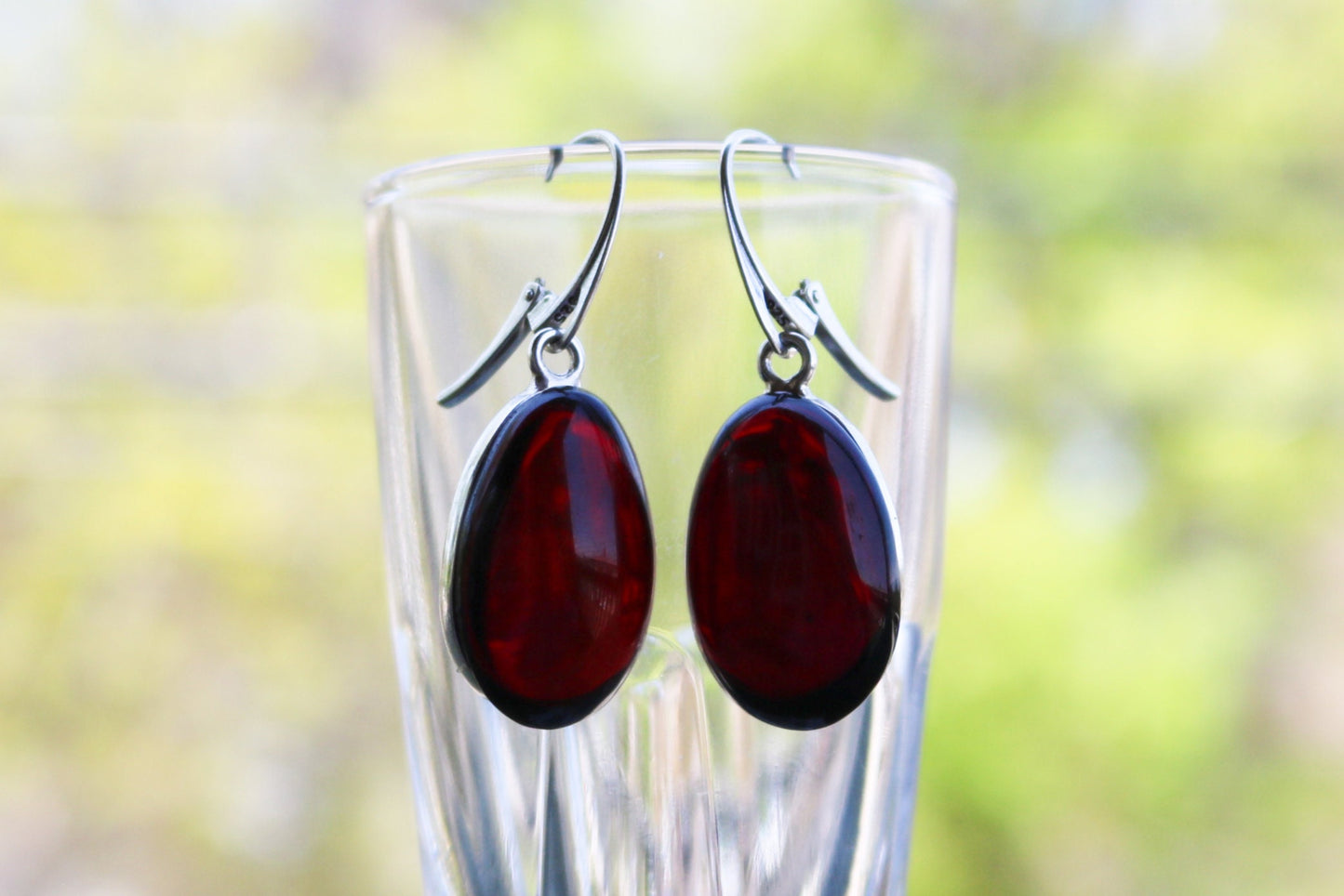Baltic Amber Earrings Cherry Oval Natural Jewelry 1.74" 8.9 gram 925 Silver