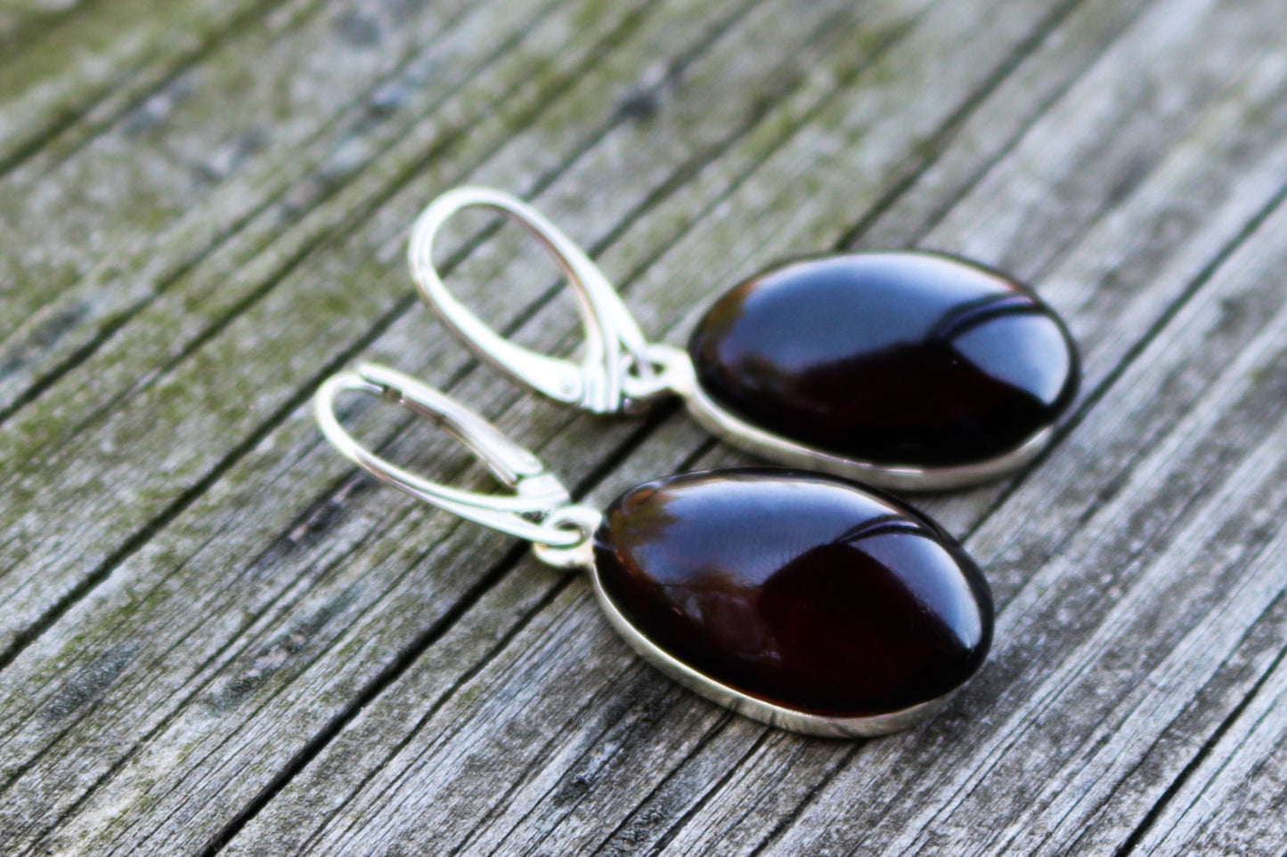 Baltic Amber Earrings Cherry Oval Natural Jewelry 1.74" 8.9 gram 925 Silver