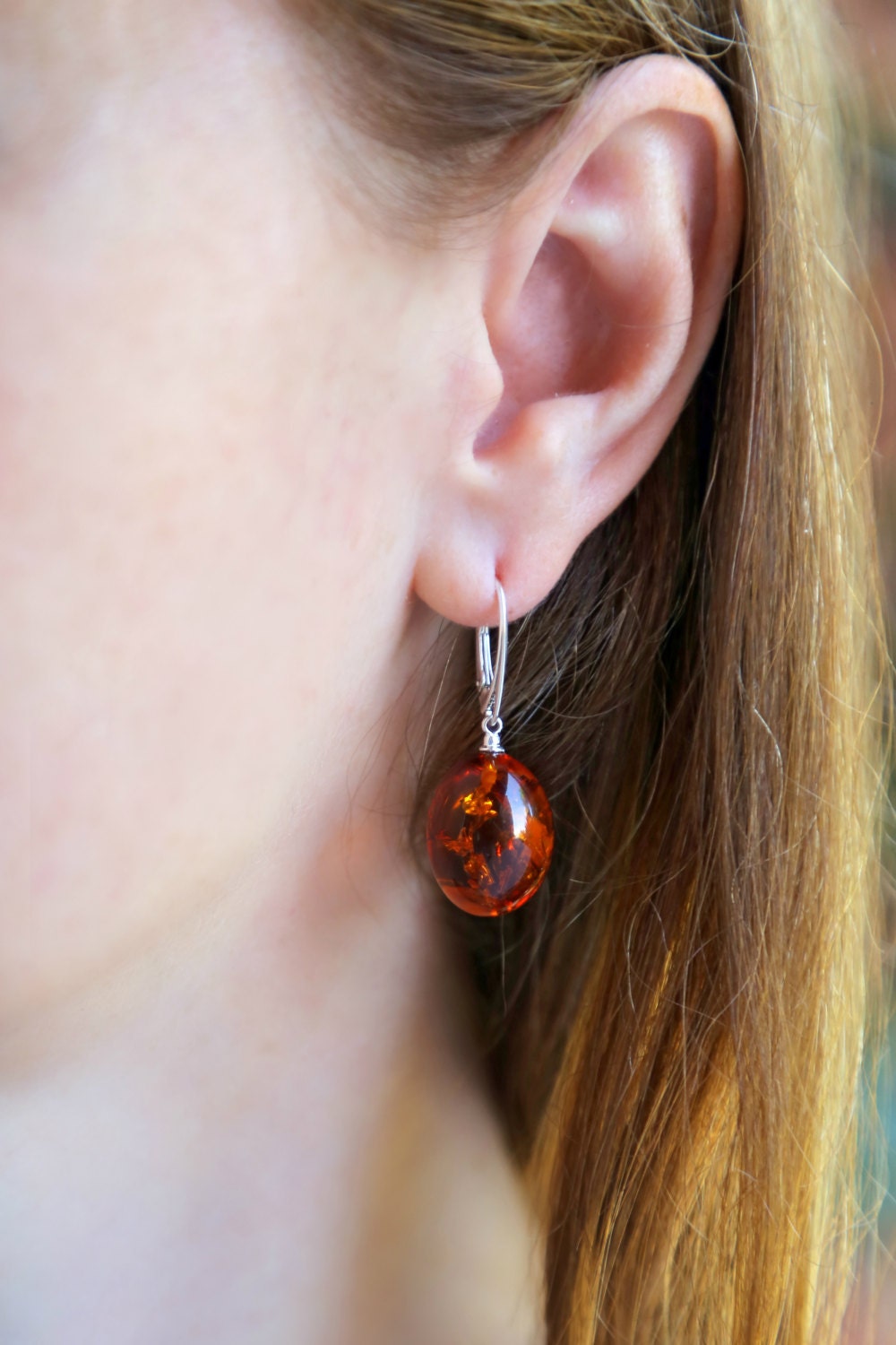 Baltic Amber Earrings Cognac Egg Shaped Natural Dangle 1.55" 6 gram 925 silver