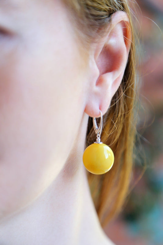 Baltic Amber Earrings Round Ball Antique Butterscotch Reconstructed Jewelry 1.58" 20 mm